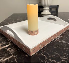 Cute White Wooden Tray with Matching Candle. See Description