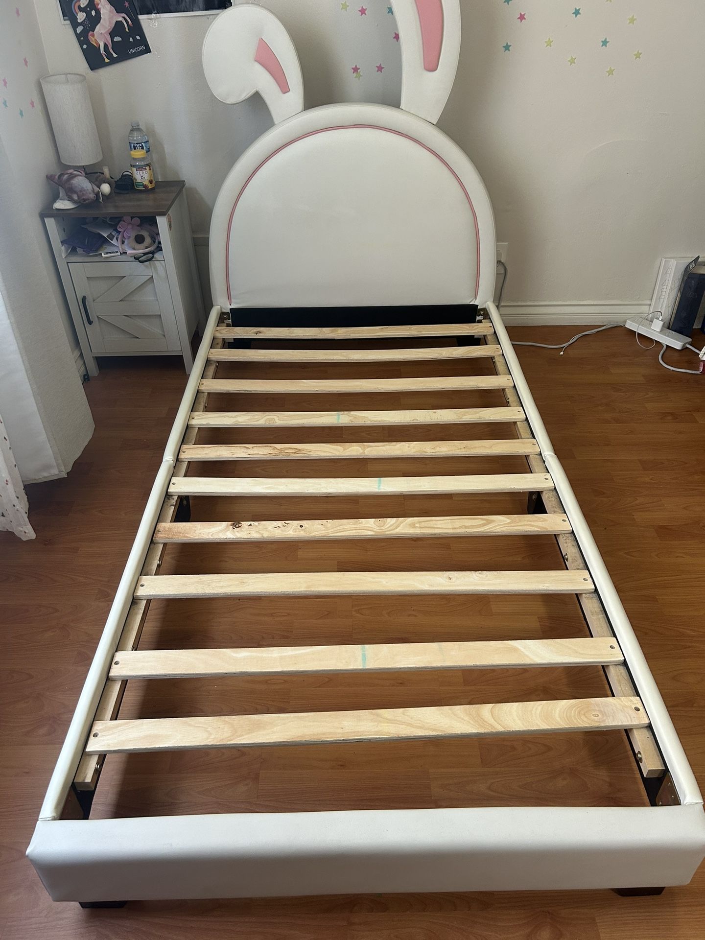 Twin Bed Frames for Kids,Upholstered Leather Platform Bed with Rabbit Ornament,Twin Bed