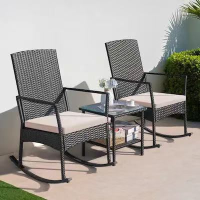 3 Pieces Patio Furniture Set Outdoor Wicker Rocking Chairs with Glass Coffee Table