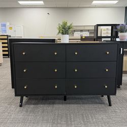 Modern 6-Drawer Small Dresser✨Sleek Black Wood Storage Cabinet with Gold Handles. Stylish Mid-Century Design, Perfect for Bedroom, Living Room, or Hal
