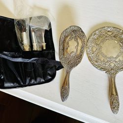 Vintage Silver Plated Hand Mirror And Brush With Makeup Brushes