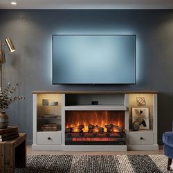 New 70” Fireplace Media Console | White & Wood Finish | LED Lighting