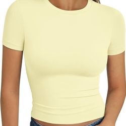 Women’s Fitted Crop Top Short Sleeve Stretch T-Shirt Slim Basic Tee Size L