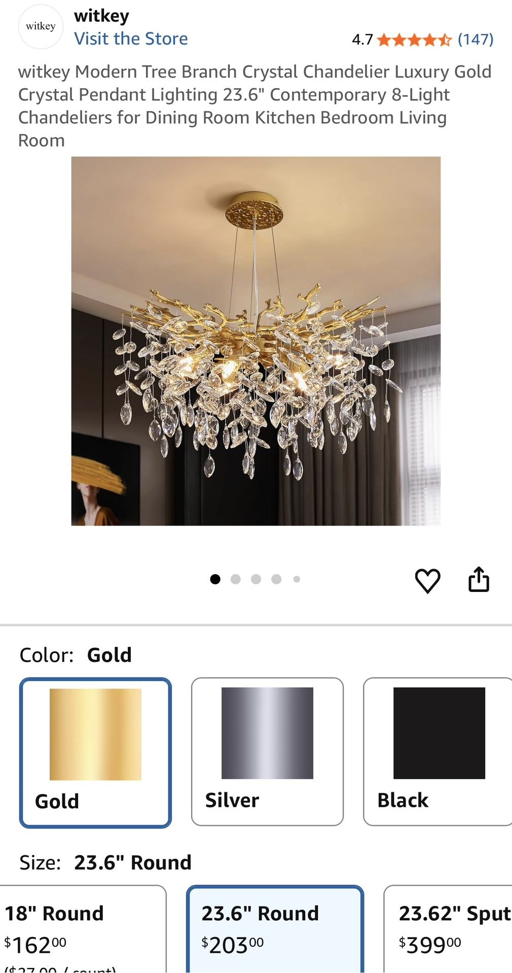 witkey Modern Tree Branch Crystal Chandelier Luxury Gold Crystal Pendant Lighting 23.6" Contemporary 8-Light Chandeliers for Dining Room Kitchen Bedro