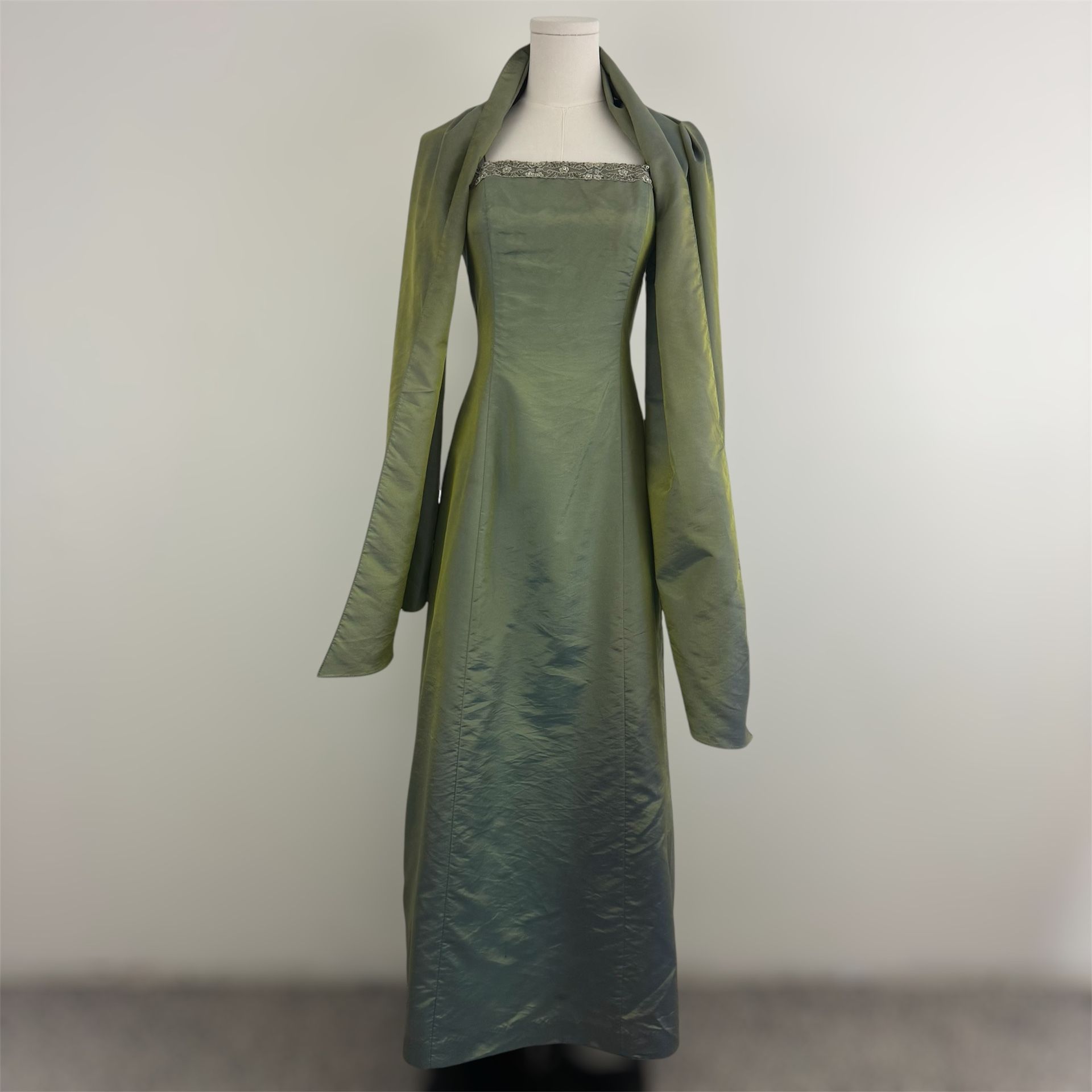 ALEX EVENINGS Vintage 90s Green Fairy Shimmer Floral Lace Formal Prom Dress