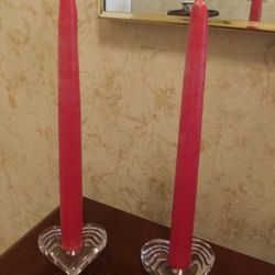 Valentine's Day Heart Glass Candle Taper Holders w/candles Set Of 2