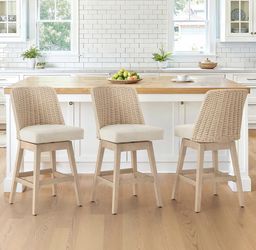 LUE BONA Rattan Bar Stools Set of 3, 27” Swivel Wooden Bars Stools with Thick Linen Seat, Handwoven Back & Wooden Leg, Counter Height for Kitchen Isla