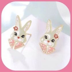 New Adorable Precious Easter Bunny Emma & Charlotte Enamel Stud Earrings x 2