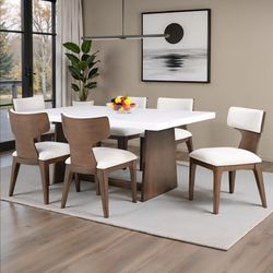 Dining Set 7 Pc Genuine Marble Top. Brown Wood Finish, New Especial Price 