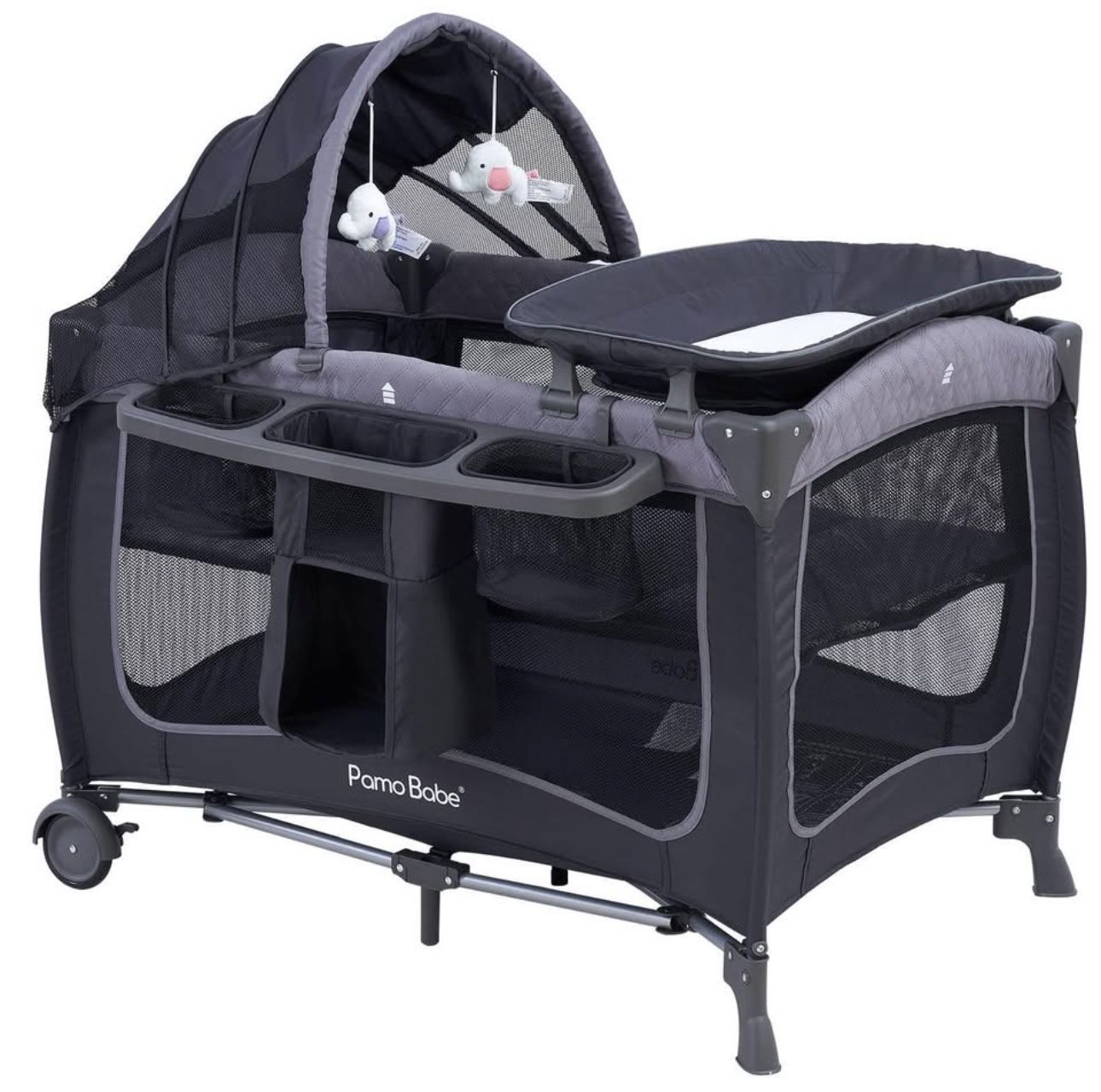 Pamo Babe Baby Playard With Canopy, Portable Crib With Changing Table