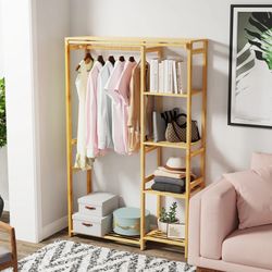 Bamboo Open Wardrobe Heavy Duty Clothes Coat Hanging Rail Rack with Storage Shelf for Home Organization Modern bamboo design for elegant h
