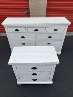 Rustic White 9-Drawer Dresser With Matching 3-Drawer Nightstand