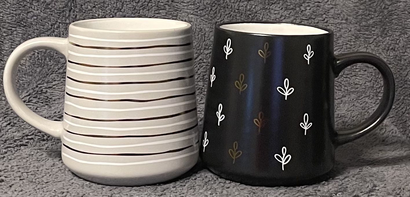 Thyme & Table Gray Stripe and Black Leaf Stoneware Mugs Set of 2 NWT.