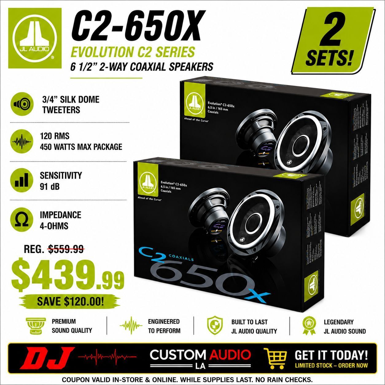 JL Audio Evolution C2 Series 650X 2-Sets Car Speakers 6 1/2" 2-Way Coaxial System 450 Watts Package 🚨 Payment Options Available 🚨 No Credit Needed ?