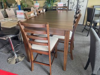 Brand new brown counter high dining table (66"×36"×36"H) with storage and drawers + 6 biege linen chairs