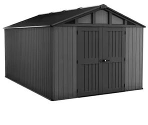 Keter Stronghold 10 ft. W x 15 ft. D Resin Plastic Shed with Floor (150 sq. ft.) in Grey NEW