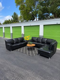 Sectional Couch Sofa Set - Real Black Leather - 3 Pieces - Great Condition!