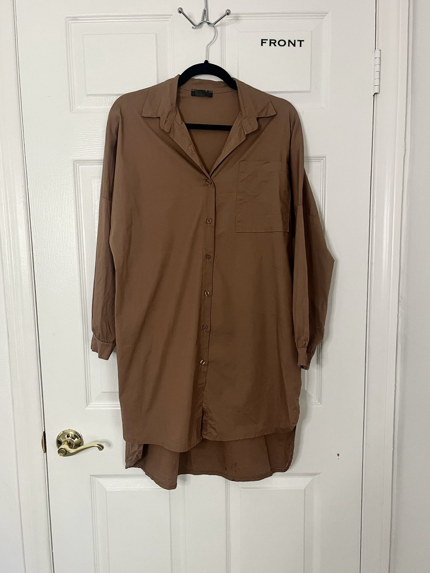 Brown Dipped Hem Oversized Shirt Dress