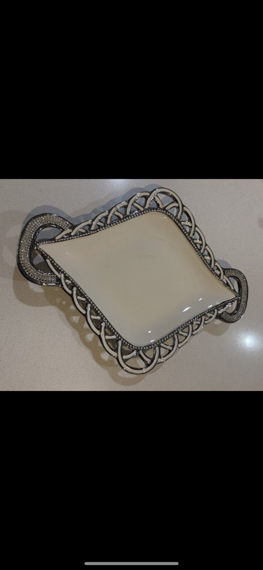 Appetizer/Dessert Plate, Holiday Party Tray, White/Silver