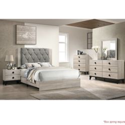 Modern Queen Size Creme Colored Complete Bedroom Set. Mattress Sold Separately 