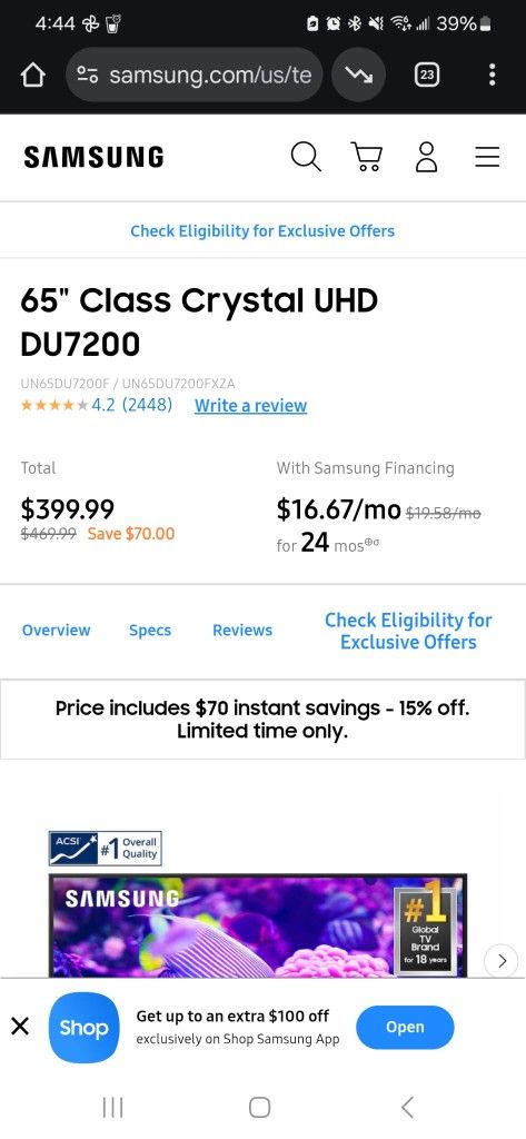 65" Samsung Crystal UHD DU7200