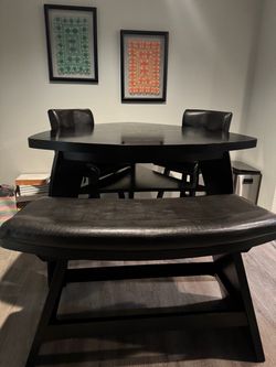 54” bar table, swivel barstool & curved bench