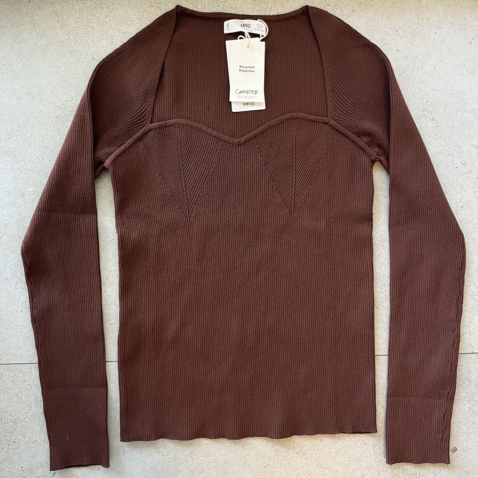 New Mango brown sweater in heart-neckline top size Large Sustainable Recycled