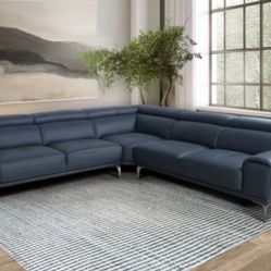 Abbyson Quinton Top Grain Leather Sectional with Adjustable Headrests, Blue. 