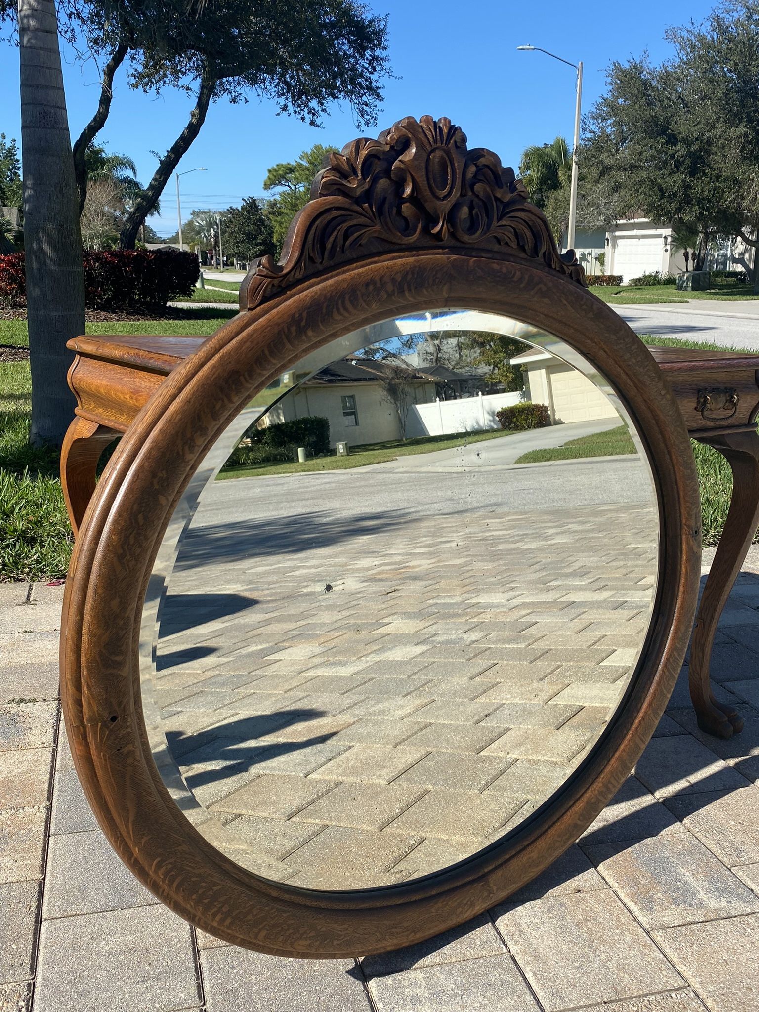Antique Round Beveled Mirror with Carved Top