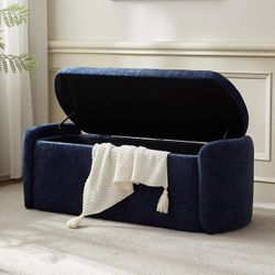 VKNOW 46" Oval Storage Ottoman Bench, Upholstered End of Bed Bench Ottomans Bench Foot Rest, Sherpa