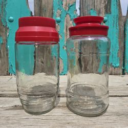 Vintage Pair Anchor Hockings Red Lid Glass Jars