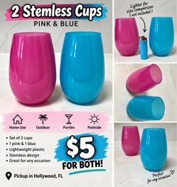 2 Colorful Stemless Plastic Cups – Pink & Blue – $5 for Both