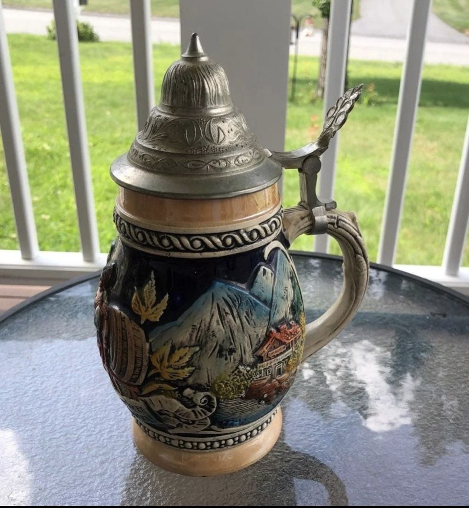 Vintage Eckhardt Engler Hohr Beer Stein Germany Pewter Lid 8” 0.5 L