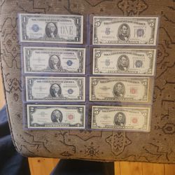 Silver Certificates $1&$5 Red Seal Notes 