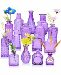 Glass Bud Vase Set of 15,Small Glass Vases for Flowers,Vintage Bulk Purple Mini Glass Vases for Centerpieces,Rustic Wedding,Decoration,Floral Arrangem