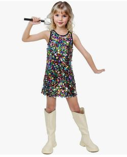 New Girls Sequin Dress Sparkly Sleeveless Costume Prom Concert Party Outfit with Glitter Microphone Prop, Large