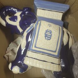 Navy, Blue And Cream Ceramic Elephant Plant Stand