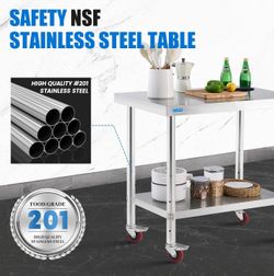 Stainless steel prep table with 4 casters and bottom shelf, 24 x 36 in