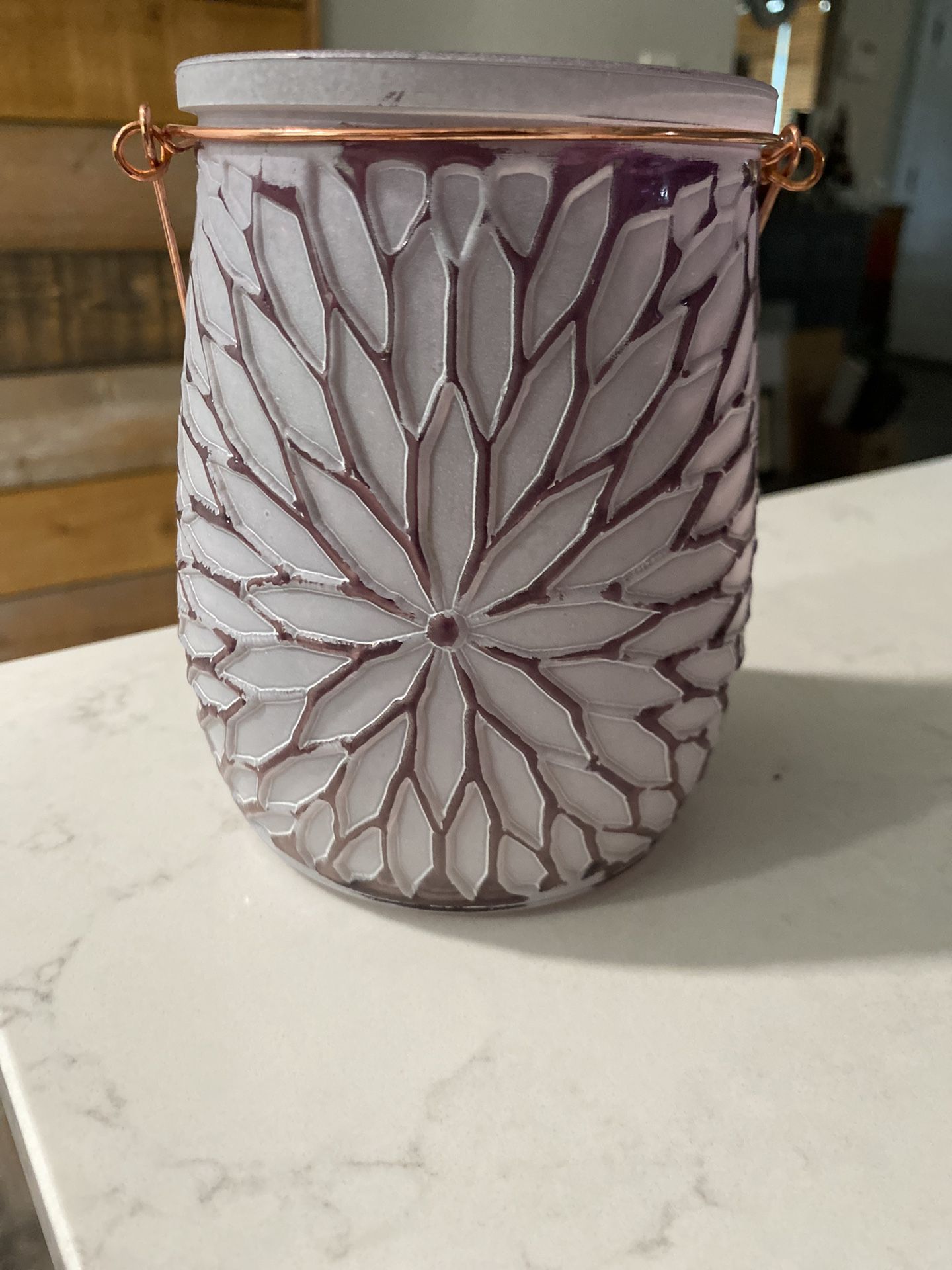Frosted Purple Peony Lantern W/ Cooper Handle - Can Be Used A Beautiful Flower Vase As Well