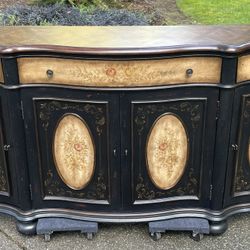Hooker “Seven Seas” Hand-Painted Serpentine Credenza/Sideboard — Walnut Burl Top