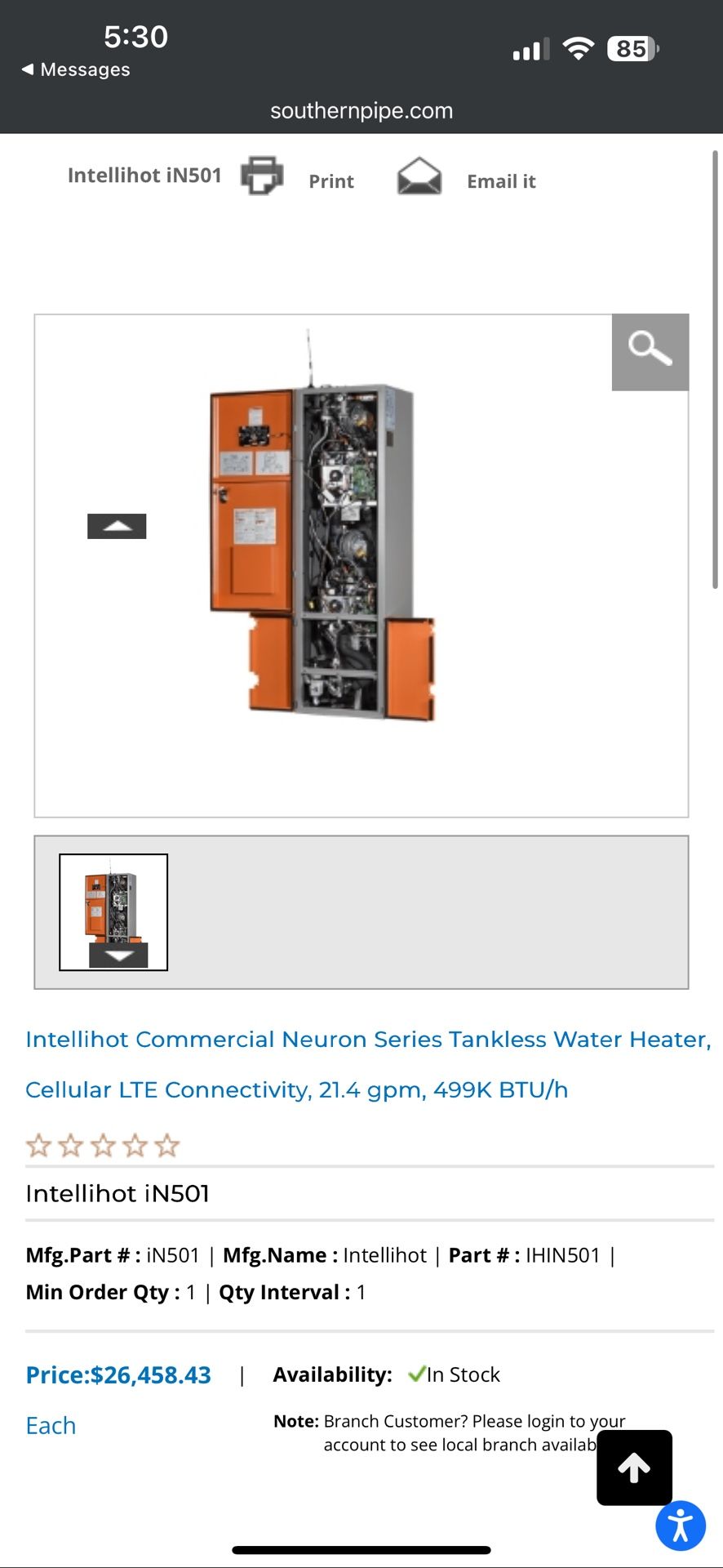 New In Crate Intellihot iN501 Tankless Water Heater