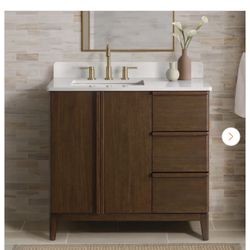 Sellan 37 in. Single Sink Dark Walnut Bath Vanity with Calacatta White Quartz Top (Assembled)