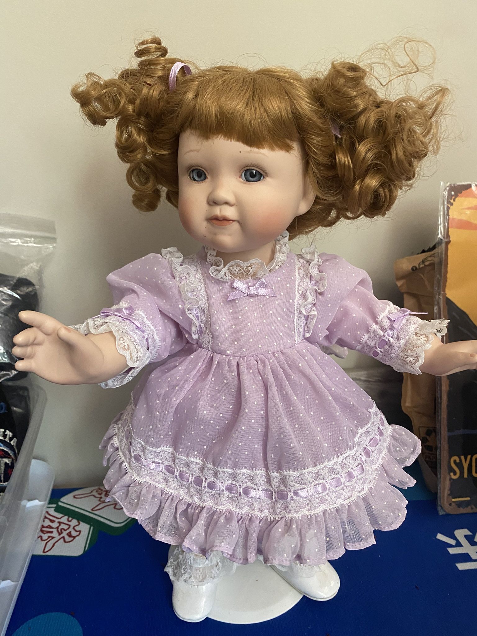 Barbara Madeja Childhood Nostalgia Doll Lavender Ruffle Dress Trim Blue Eye curl