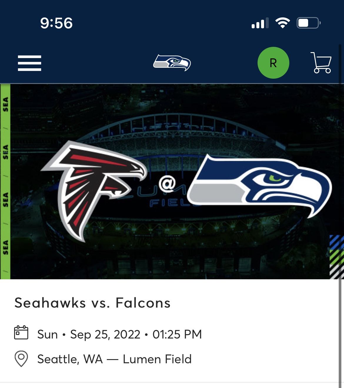 Seahawks Vs Atlanta Falcons September 25th 1:25pm Lumen Field