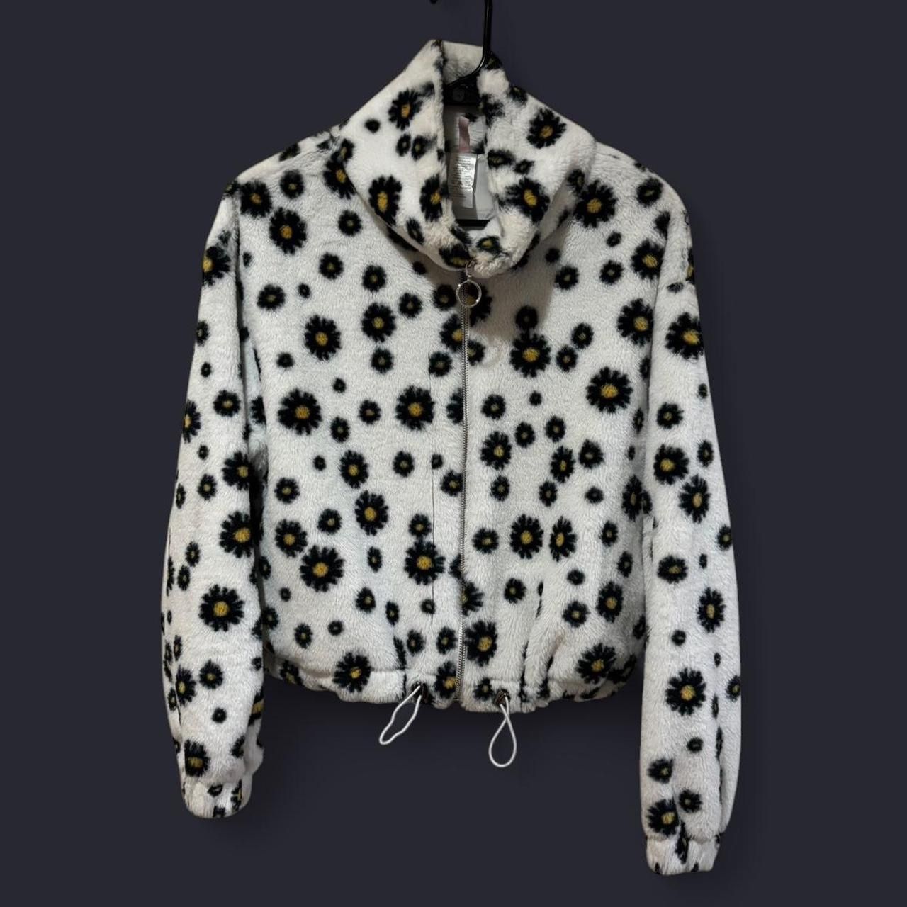 Fuzzy Daisy Print Zip-Up Crop Jacket