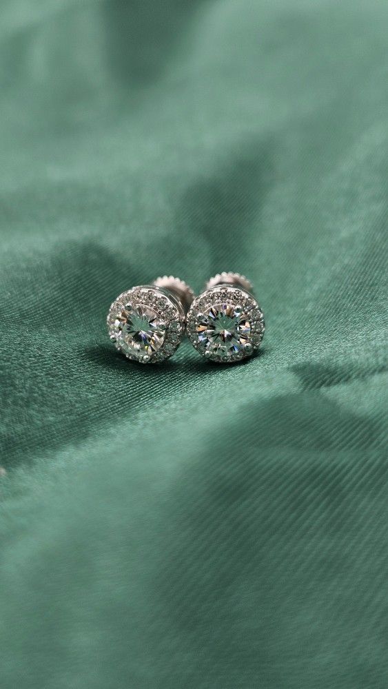 VVS D Color Moissanite Halo Stud Earrings in White Gold with Screw Backs
