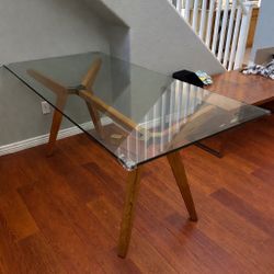 Crate & Barrel “Strut” Glass Top Table / Desk (Wood Base)