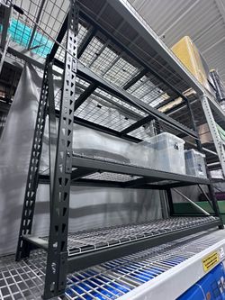 Huge stock: Steel industrial shelving units: 6 ft tall x 7 ft long x 2 ft deep. Mesh-Wire Decking