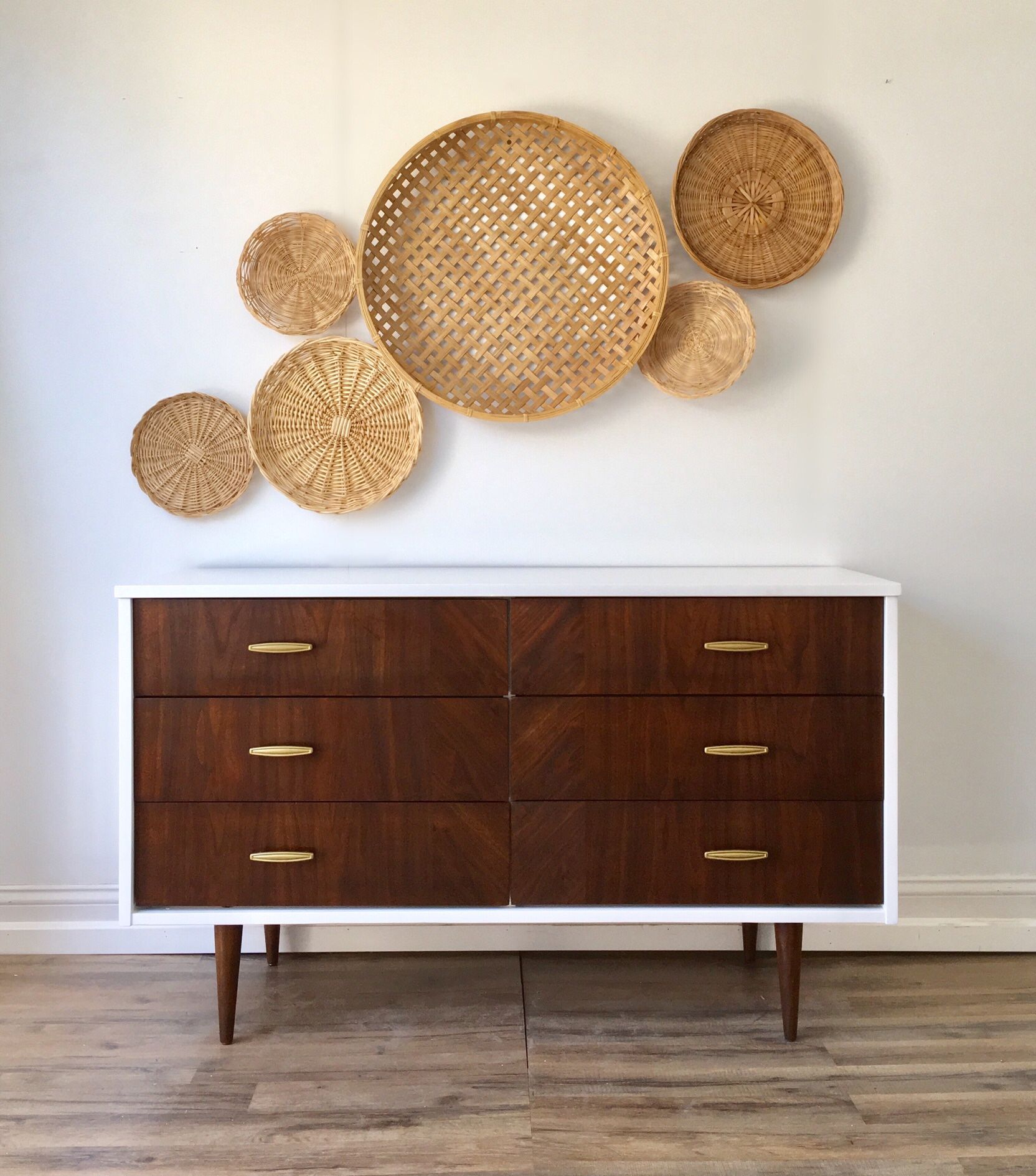 MCM Mid Century Modern 6 Drawer Dresser ~ White + Walnut ~ West Elm Style