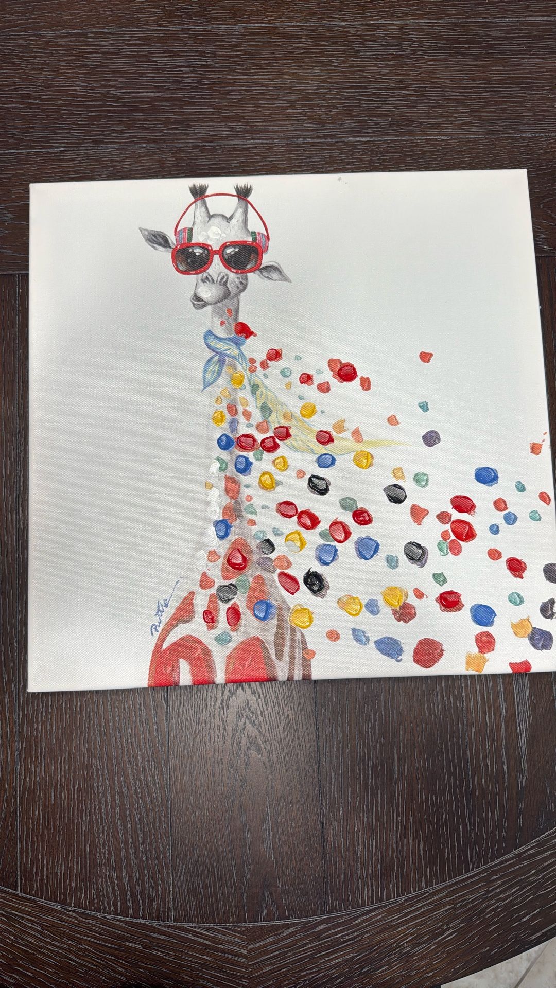 Modern Abstract Pop 16" x 16” Art Deco Cute Giraffe Wearing Glasses/Headphones. In excellent condition, remarkable detail.